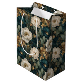 Luxury Christmas Green Gold and Cream Floral Medium Cadeauzakje