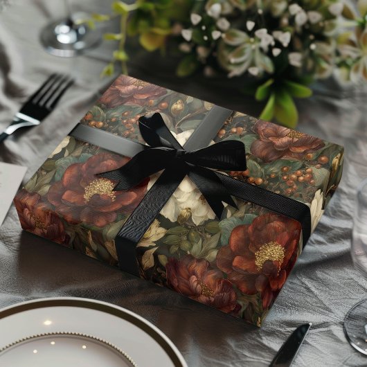 Luxury Christmas Red and Winter White Floral Inpakpapier Vel