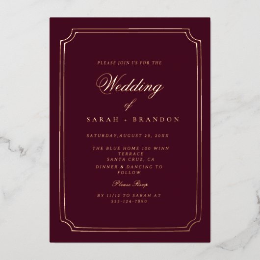 Luxury Classic Burgundy Gold Frame Wedding Folie Uitnodiging (Voorkant)