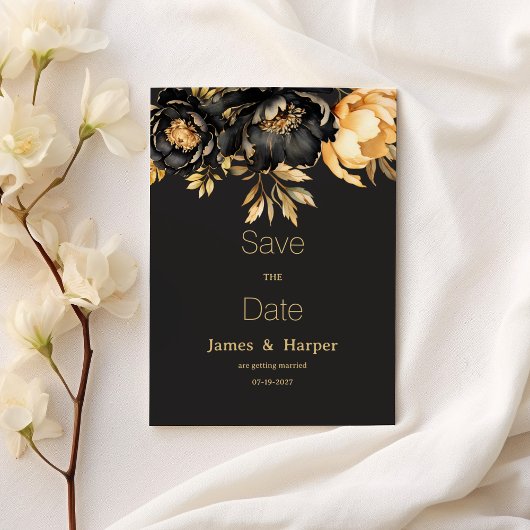 Luxury classy black gold peony flora Save the Date Kaart