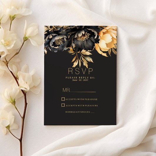 Luxury classy black gold peony floral RSVP Kaart
