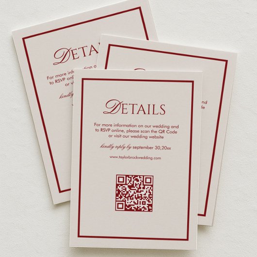 Luxury Cream and Burgundy Wedding Details Qr Code  Informatiekaartje