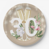 Luxury Cream Champagne Floral 30th Birthday Papieren Bordje (Voorkant)