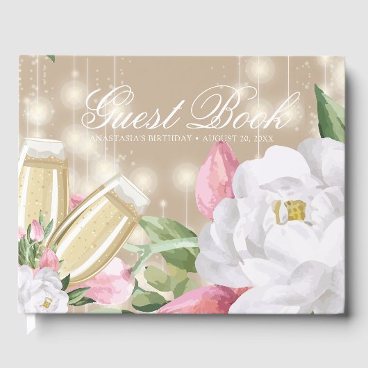 Luxury Cream Champagne Floral Birthday Gastenboek (Voorkant)