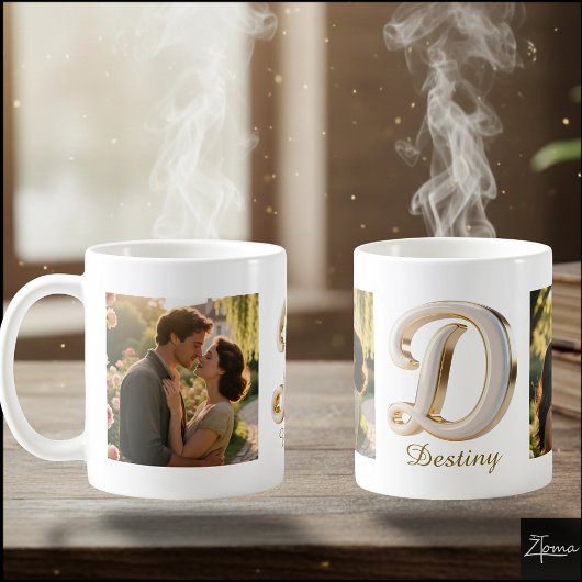 Luxury Cursive Gold White Initial  D + 2 PHOTO Koffiemok