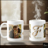 Luxury Cursive Gold White Initial  F + 2 PHOTO Koffiemok