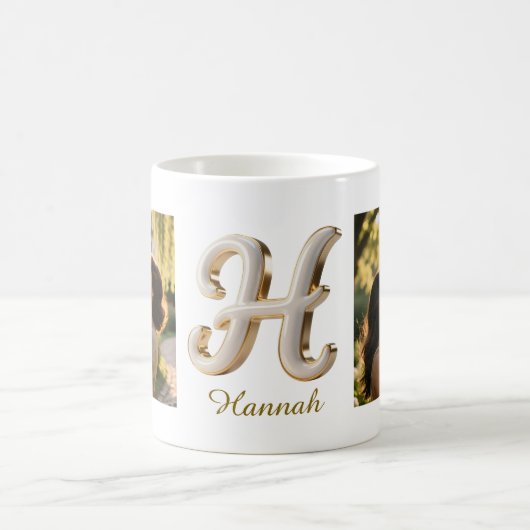 Luxury Cursive Gold White Initial  H + 2 PHOTO Koffiemok (Center)