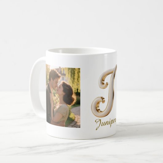 Luxury Cursive Gold White Initial  J + 2 PHOTO Koffiemok (Voorkant links)