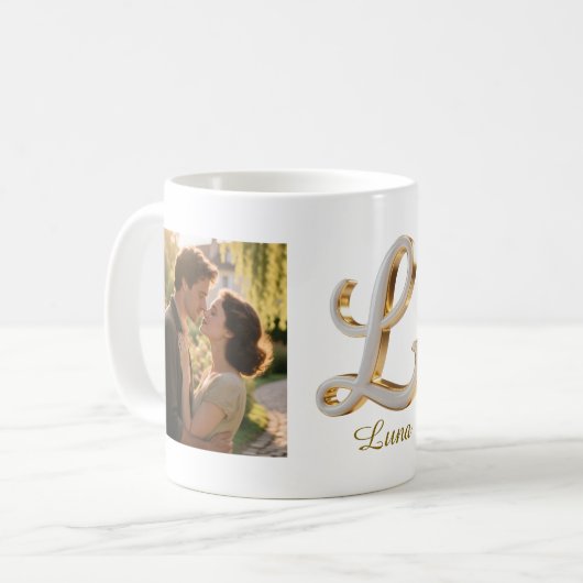 Luxury Cursive Gold White Initial  L + 2 PHOTO Koffiemok (Voorkant links)