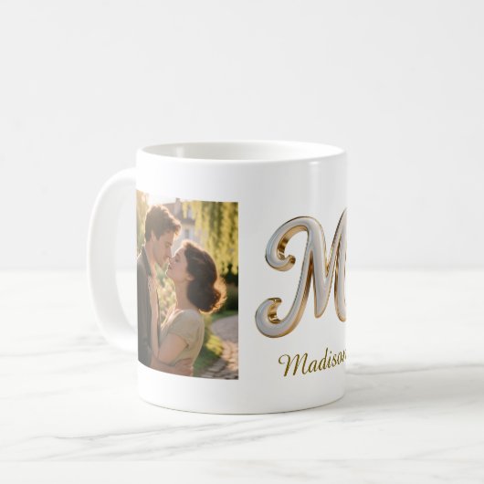 Luxury Cursive Gold White Initial M + 2 PHOTO Koffiemok (Voorkant links)