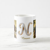 Luxury Cursive Gold White Initial  N + 2 PHOTO Koffiemok (Center)