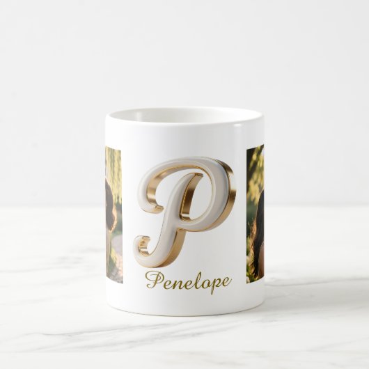 Luxury Cursive Gold White Initial  P + 2 PHOTO Koffiemok (Center)