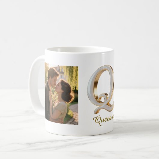 Luxury Cursive Gold White Initial  Q + 2 PHOTO Koffiemok (Voorkant links)