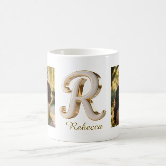 Luxury Cursive Gold White Initial R + 2 PHOTO Koffiemok (Center)