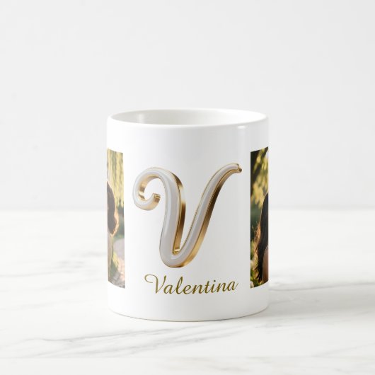 Luxury Cursive Gold White Initial  V + 2 PHOTO Koffiemok (Center)
