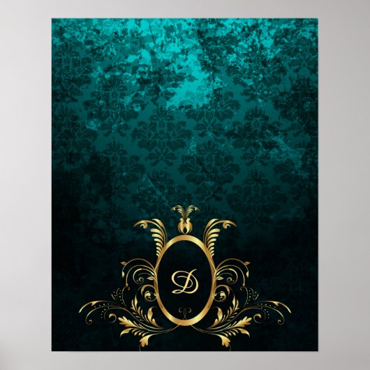 Luxury Damask Lijst monogram Poster (Voorkant)