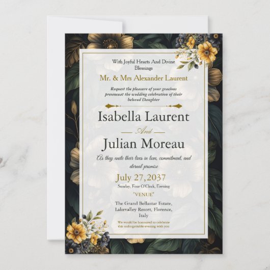 Luxury Dark Floral Elegant Wedding Invitation Kaart (Voorkant)