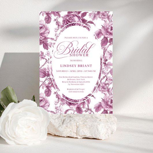 Luxury Dark Fuchsia Roses Bridal Shower Invitation Kaart