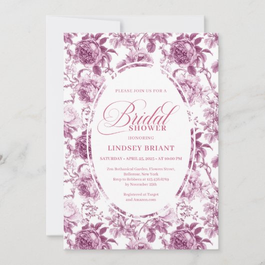 Luxury Dark Fuchsia Roses Pattern Bridal Shower  Kaart (Voorkant)