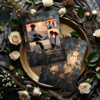 Luxury Dark Grey Gold Wedding 4 Photo Collage Save The Date