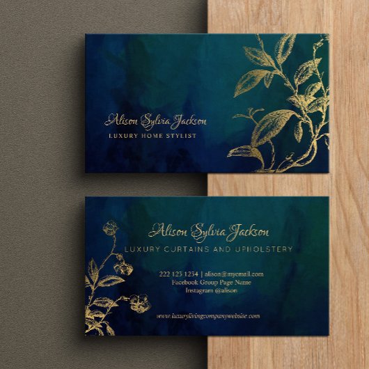 Luxury dark navy elegant faux gold foil foliage visitekaartje