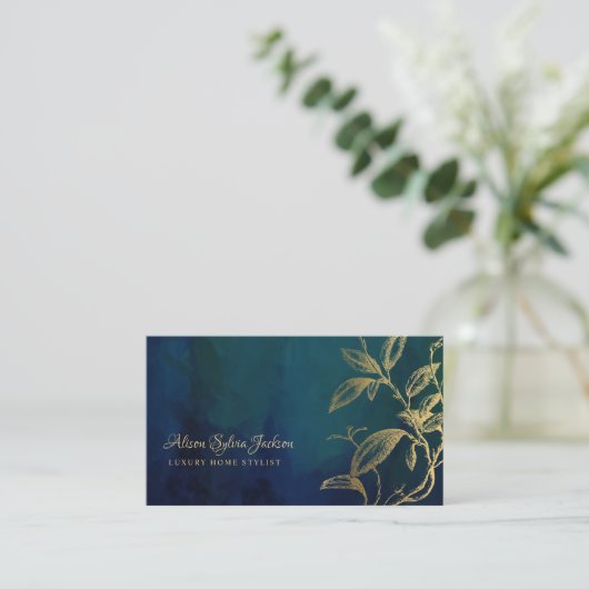Luxury dark navy elegant faux gold foil foliage visitekaartje (Staand voorkant)