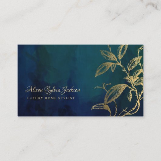Luxury dark navy elegant faux gold foil foliage visitekaartje (Voorkant)
