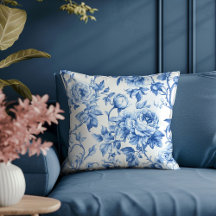 Luxury Deep Blue Toile de Jouy Rose Pattern Pillow
