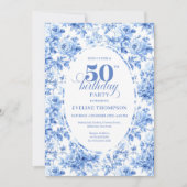 Luxury Deep Blue Toile Roses 50th Birthday Invite Kaart (Voorkant)