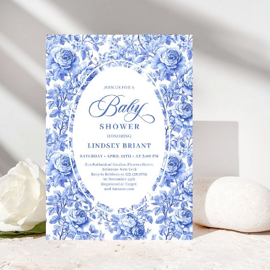 Luxury Deep Blue Toile Roses Baby Shower Invites Kaart