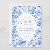 Luxury Deep Blue Toile Roses Bridal Shower Invite Kaart (Voorkant)