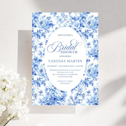 Luxury Deep Blue Toile Roses Bridal Shower Invite Kaart