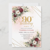 Luxury Deep Red Floral Gold 90th Birthday Invite Kaart (Voorkant)