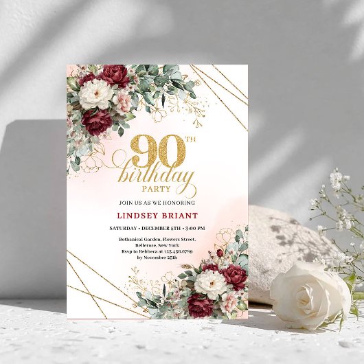 Luxury Deep Red Floral Gold 90th Birthday Invite Kaart