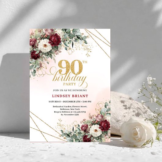 Luxury Deep Red Floral Gold 90th Birthday Invite Kaart