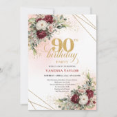 Luxury Deep Red Floral Gold 90th Birthday Invite Kaart (Voorkant)