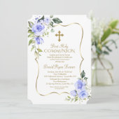 Luxury Delicate Blue Flowers First Holy Communion Kaart (Staand voorkant)
