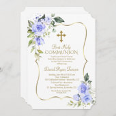 Luxury Delicate Blue Flowers First Holy Communion Kaart (Voorkant / Achterkant)