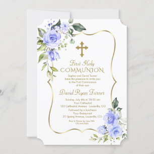 Luxury Delicate Blue Flowers First Holy Communion Kaart