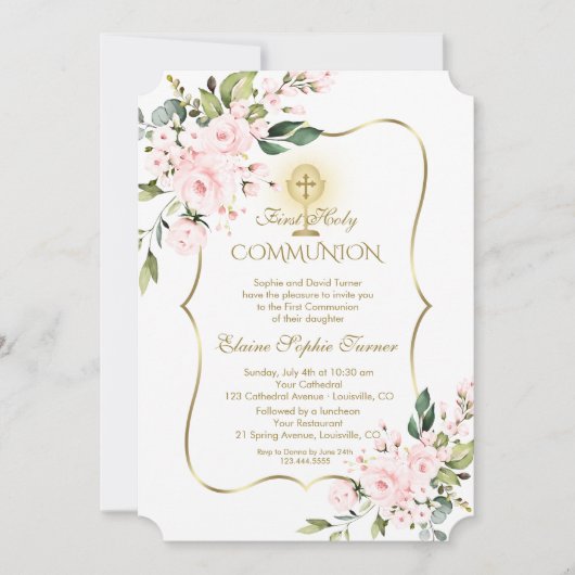 Luxury Delicate Blush Floral Gold Heilige Communie Kaart (Voorkant)