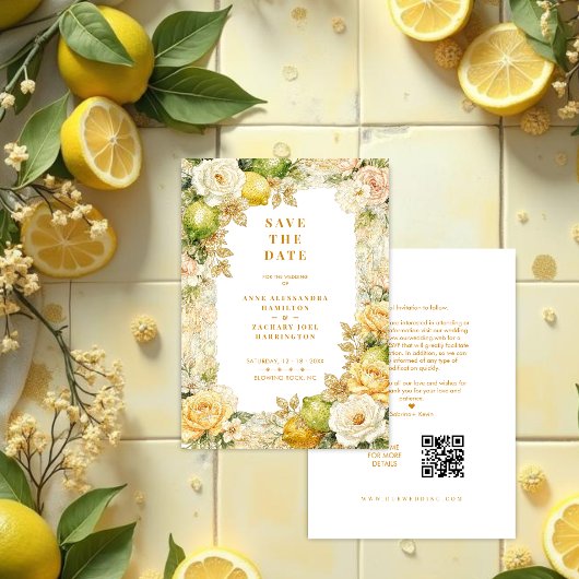 Luxury Delicate Mediterranean Lemons & Flowers Save The Date