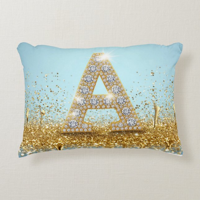 Luxury Diamond Letter A on Gold Glitter Background Accent Kussen (Voorkant)