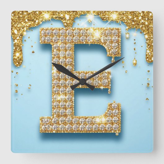 Luxury Diamond Letter E on Gold Glitter Background Vierkante Klok (Voorkant)
