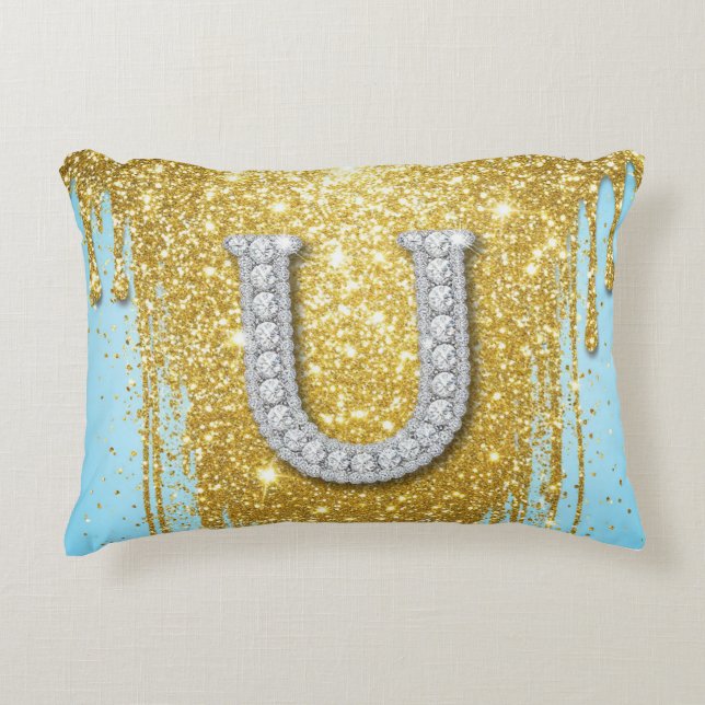 Luxury Diamond Letter U on Gold Glitter Background Accent Kussen (Voorkant)