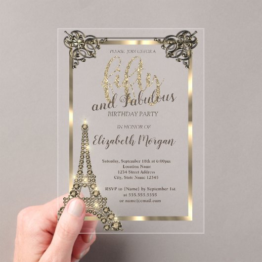Luxury Diamonds Eiffel Tower, Border 50th Birthday Acryl Uitnodigingen (Insitu (Draagbaar))
