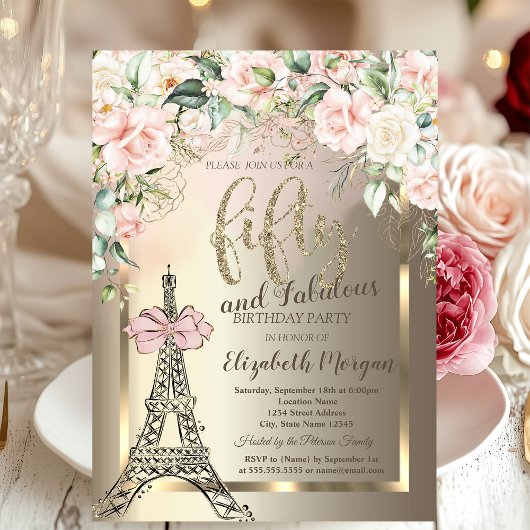 Luxury Diamonds Eiffel Tower,Pink Bow Roses 50th Kaart