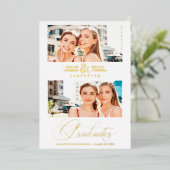 Luxury Double Graduation Chic Golden 2 Photos Folie Uitnodiging (Staand Voorkant)