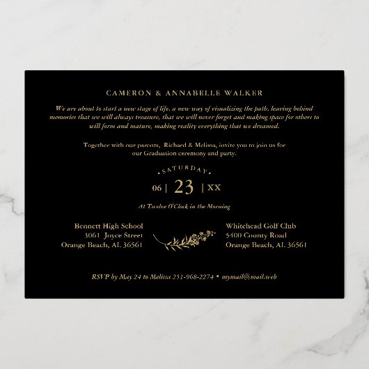 Luxury Double Graduation Golden Branches 2 Photos  Folie Uitnodiging (Achterkant)