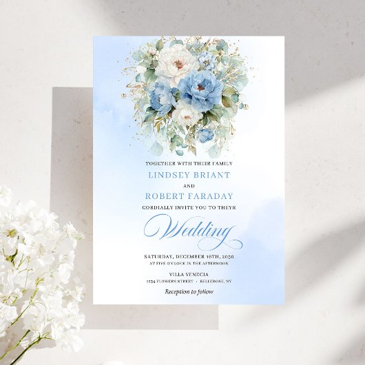 Luxury Dusty Blue Floral Digital Wedding Invite Kaart