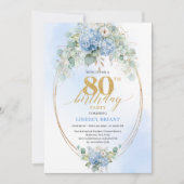 Luxury Dusty Blue Floral Gold 80th Birthday Invite Kaart (Voorkant)